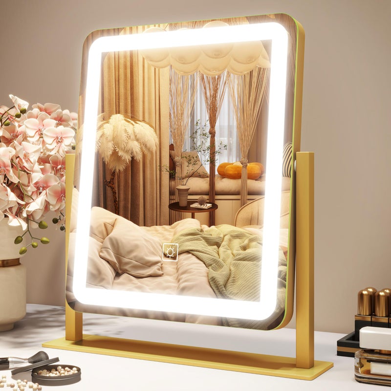 ROLOVE Vanity Mirror with Lights 12615 LED Makeup Mirror Lighted Makeup Mirror with Lights Smart Touch Control Dimmable 3 Modes Light Lighted Up Mirror for Makeup Desk Gold